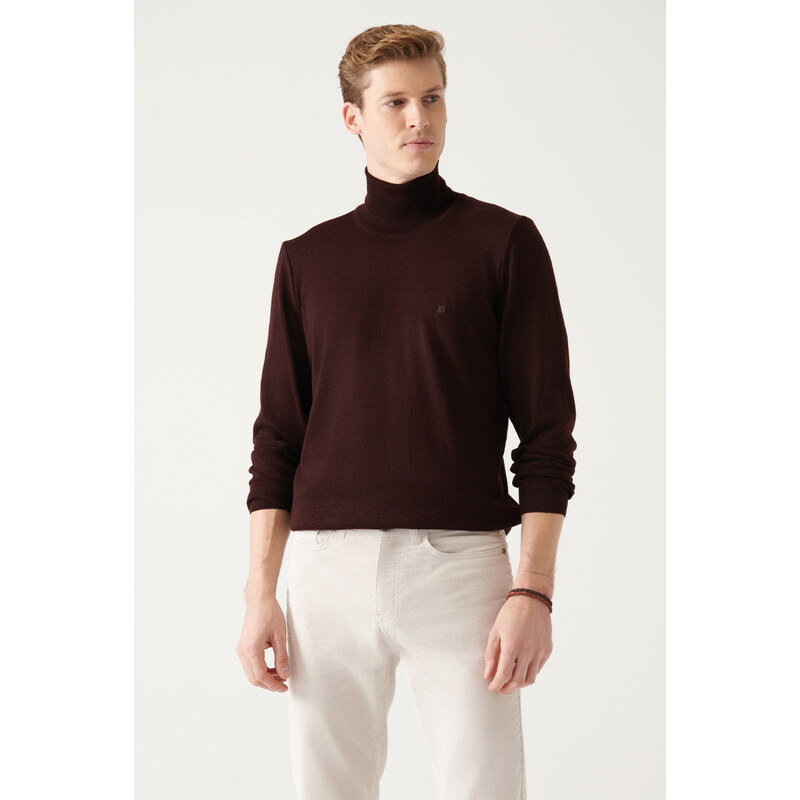 Avva Men's Burgundy Full Turtleneck Wool Blended Regular Fit Knitwear Sweater