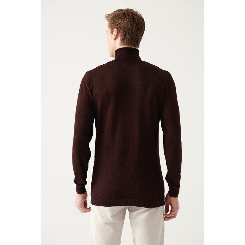 Avva Men's Burgundy Full Turtleneck Wool Blended Regular Fit Knitwear Sweater