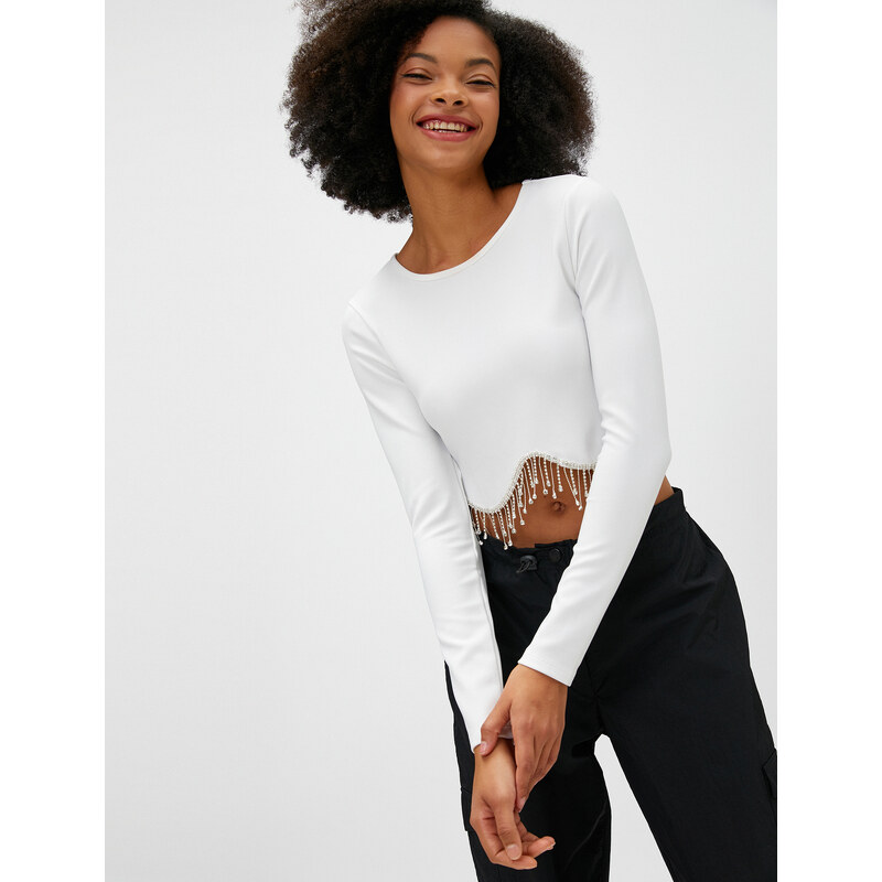 Koton Crop T-Shirt Long Sleeve Dangle Stone Detailed Ribbed