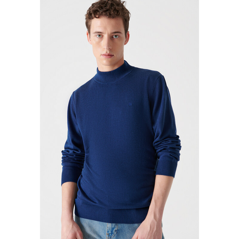 Avva Light Navy Blue Unisex Knitwear Sweater Half Turtleneck Non Pilling Regular Fit