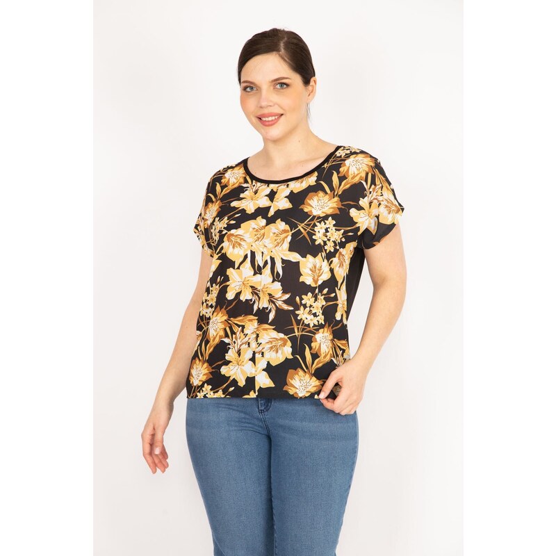 Şans Women's Black Plus Size Front Patterned Blouse