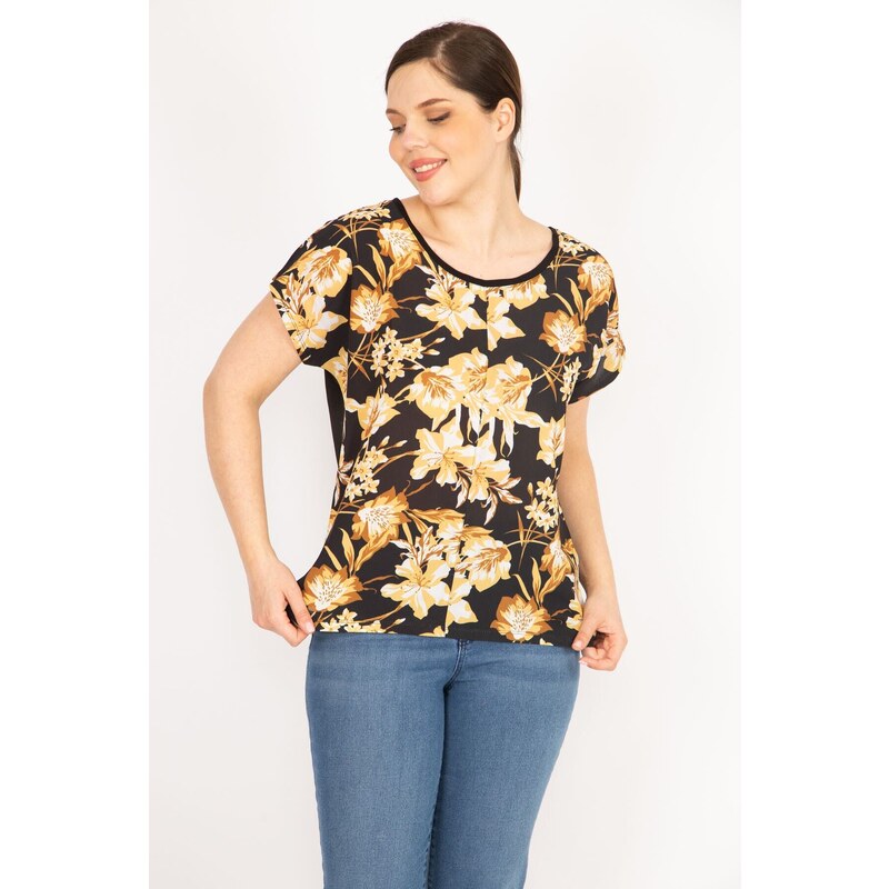 Şans Women's Black Plus Size Front Patterned Blouse