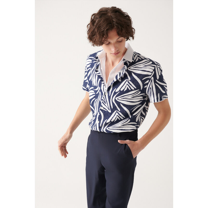 Avva Men's Navy Blue 100% Cotton Classic Collar Printed Short Sleeve Standard Fit Regular Cut Shirt