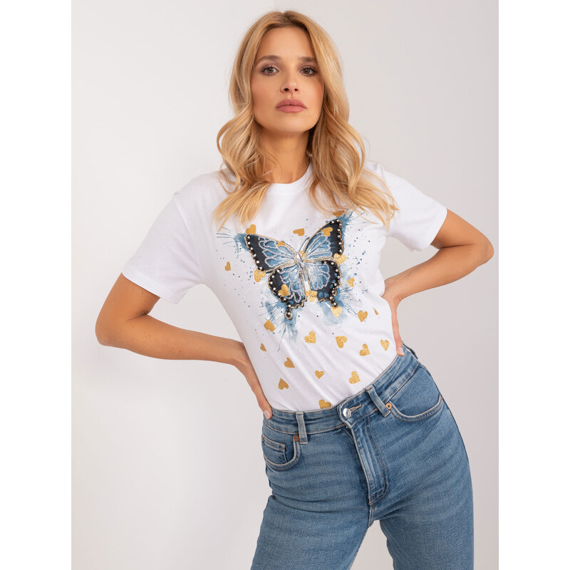Fashionhunters Bílé dámské tričko s aplikací ve tvaru motýla