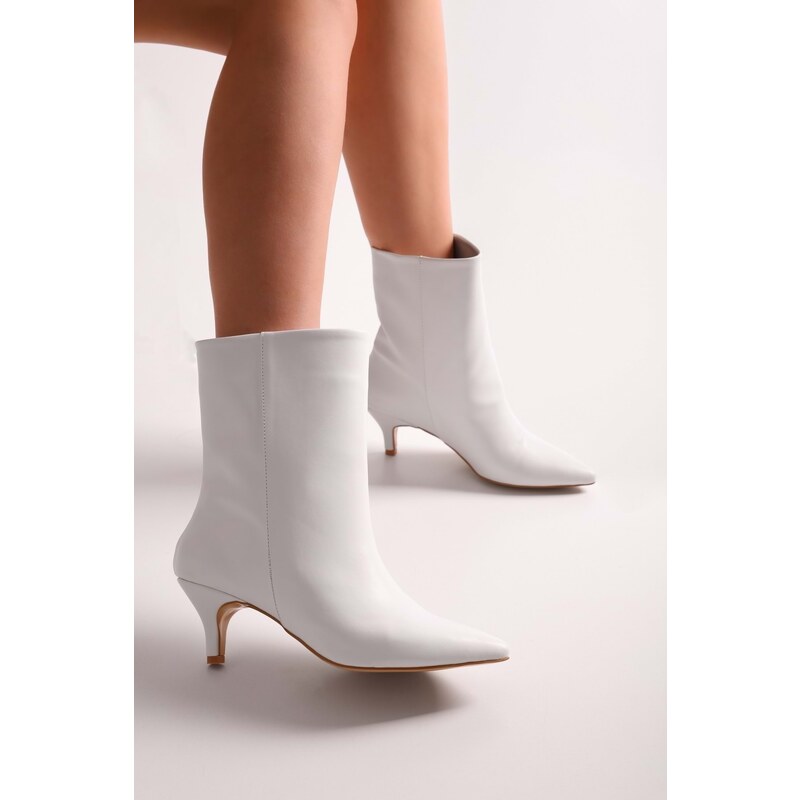 Shoeberry Women's Kerry White Skin Short Heel Boots White Skin