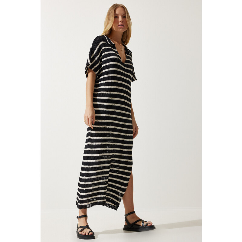 Happiness İstanbul Women's Black Deep V-Neck Striped Seasonal Knitwear Dress