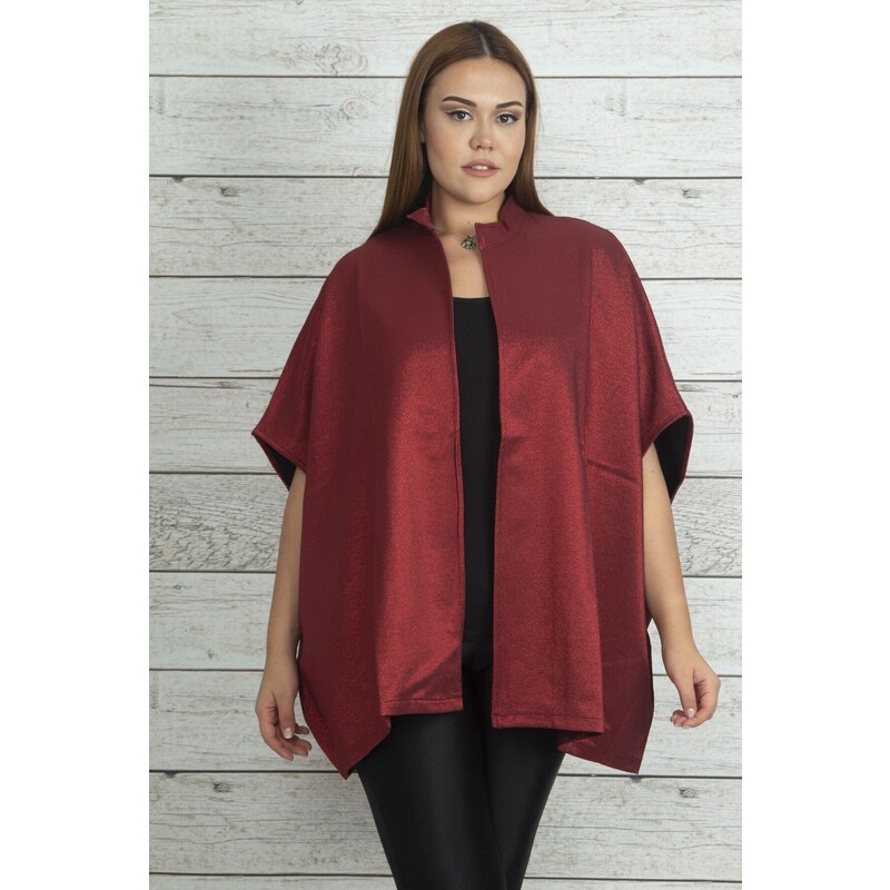 Şans Women's Plus Size Claret Red Shimmer Detailed Cape