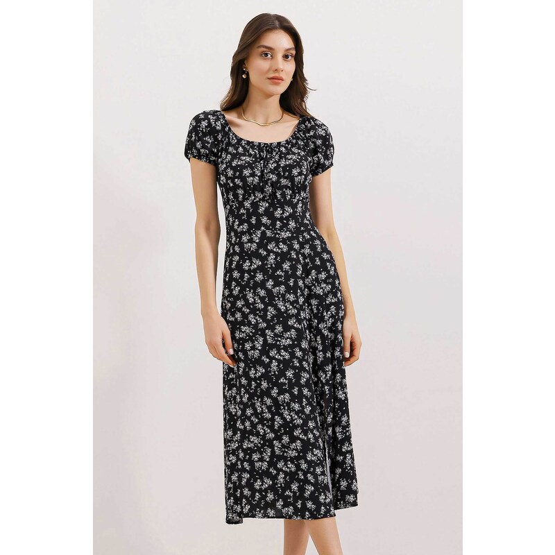 Bigdart 2427 Slit Floral Viscose Dress - Black