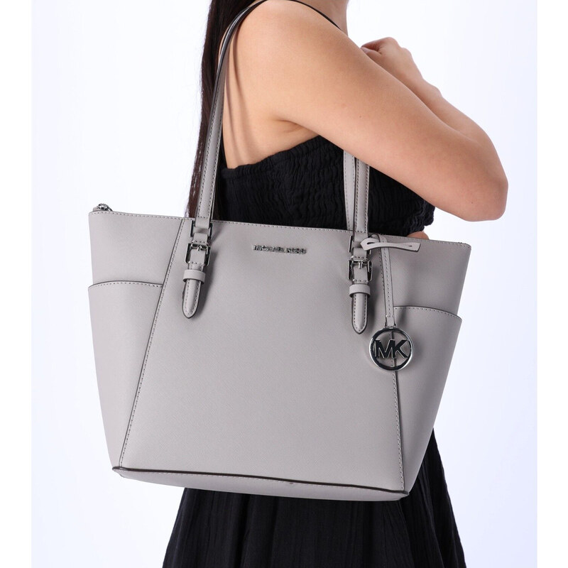 Michael Kors Charlotte Large Saffiano Leather Top-Zip Tote Bag Pearl Grey