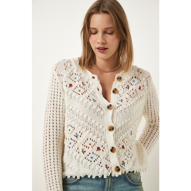 Happiness İstanbul Cream Floral Embroidered Textured Seasonal Knitwear Cardigan