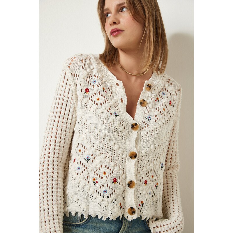 Happiness İstanbul Cream Floral Embroidered Textured Seasonal Knitwear Cardigan