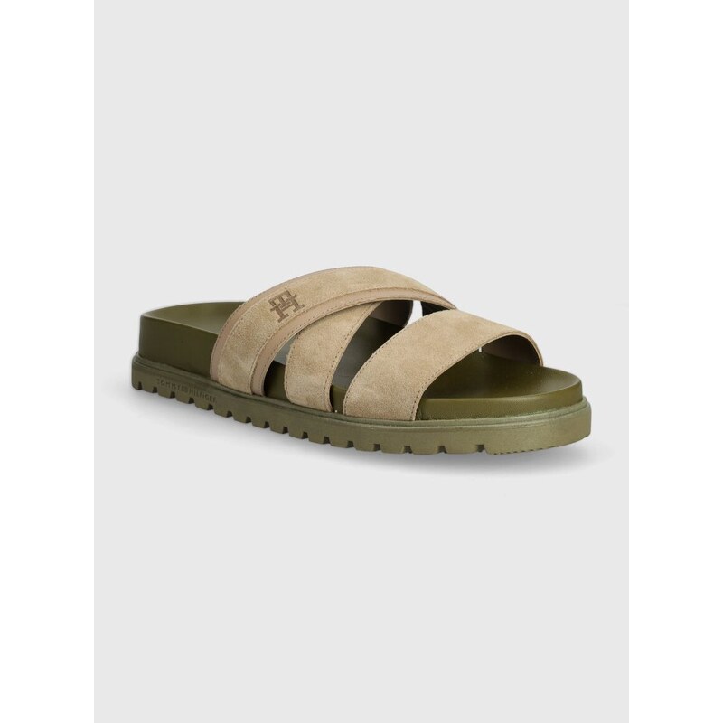 Semišové pantofle Tommy Hilfiger ELEVATED TH CRISS SUEDE SANDAL pánské, béžová barva, FM0FM05065