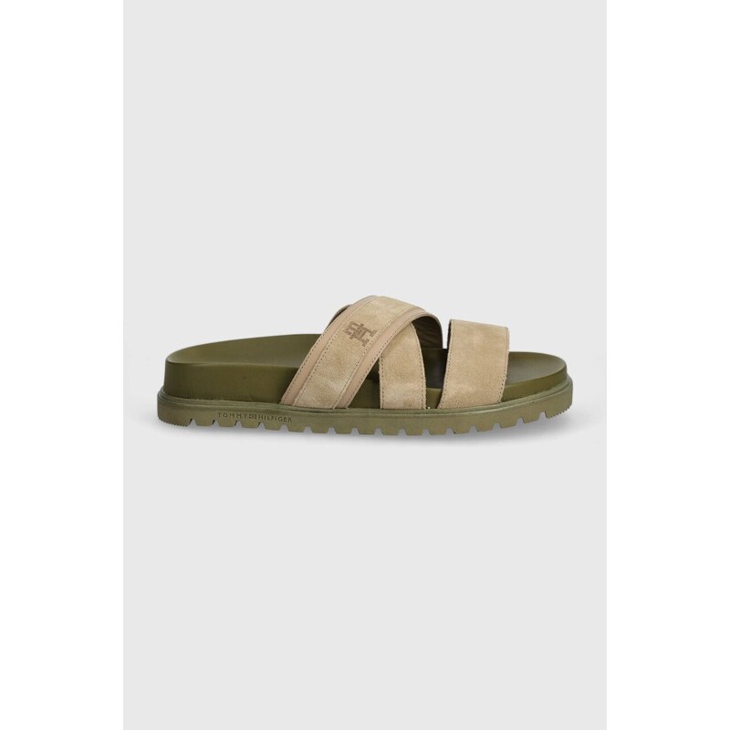 Semišové pantofle Tommy Hilfiger ELEVATED TH CRISS SUEDE SANDAL pánské, béžová barva, FM0FM05065