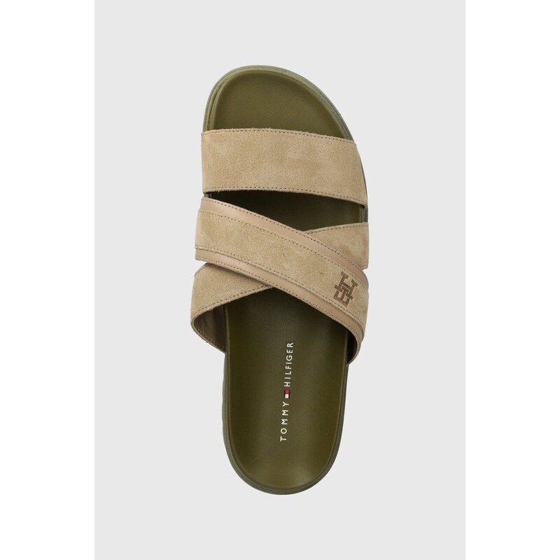 Semišové pantofle Tommy Hilfiger ELEVATED TH CRISS SUEDE SANDAL pánské, béžová barva, FM0FM05065