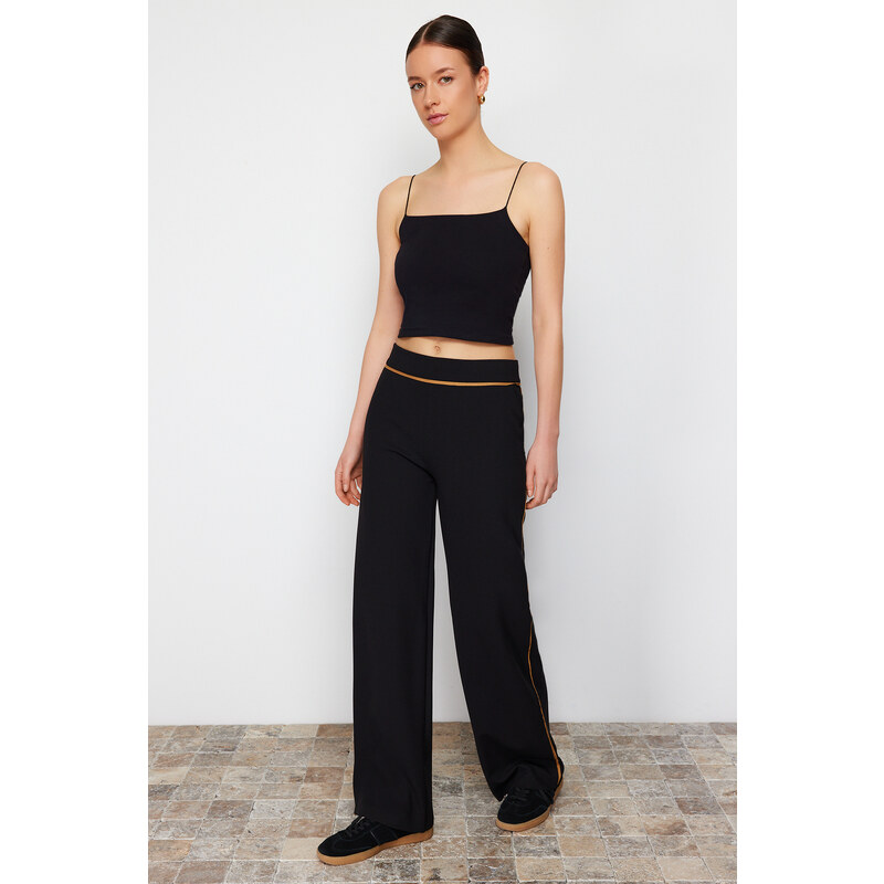 Trendyol Black Contrast Stripe Detail Wide Leg/Comfort Fit Flexible Trousers