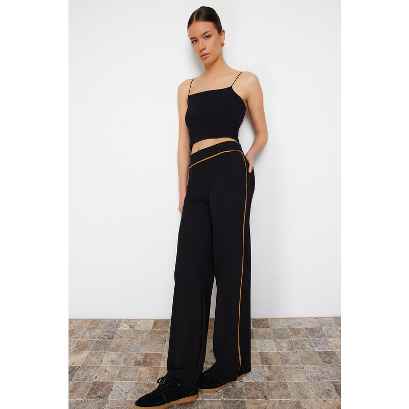 Trendyol Black Contrast Stripe Detail Wide Leg/Comfort Fit Flexible Trousers