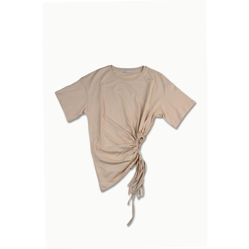 Dilvin 30184 Gathered Side T-Shirt-Light beige