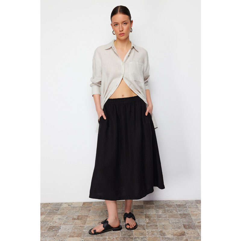 Trendyol Black 100% Linen Elastic Waist Midi Skirt