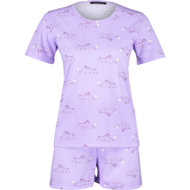 Trendyol Lilac Cotton Animal Pattern Knitted Pajamas Set