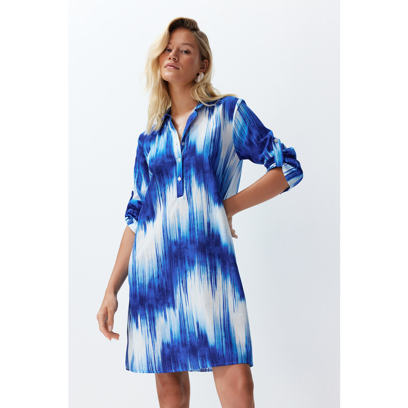 Trendyol Blue Abstract Patterned Belted Midi Woven 100% Cotton Beach Dress with Ribbon Accessories