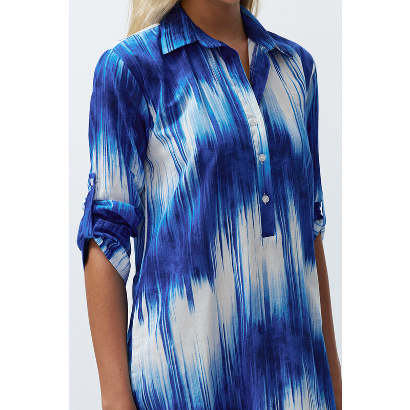 Trendyol Blue Abstract Patterned Belted Midi Woven 100% Cotton Beach Dress with Ribbon Accessories