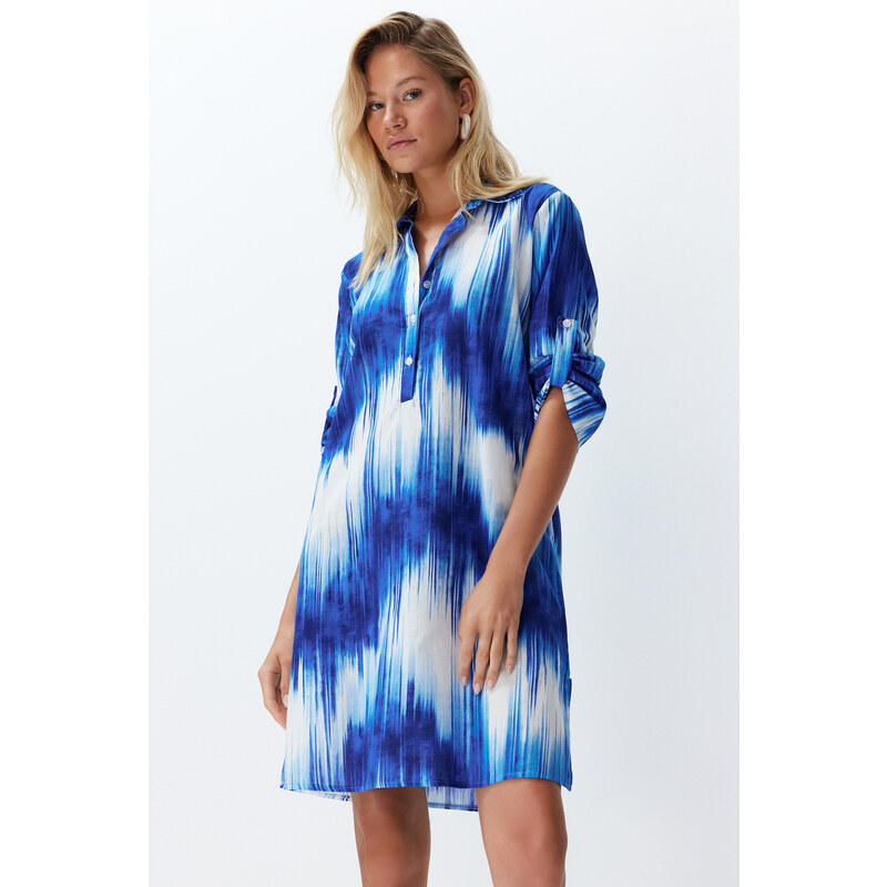 Trendyol Blue Abstract Patterned Belted Midi Woven 100% Cotton Beach Dress with Ribbon Accessories