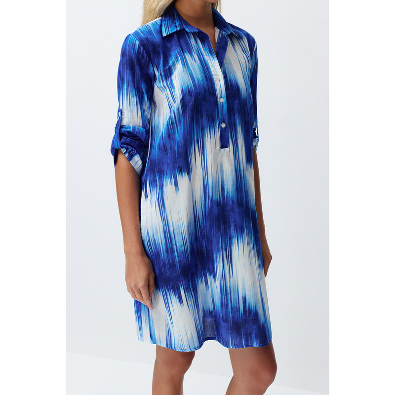 Trendyol Blue Abstract Patterned Belted Midi Woven 100% Cotton Beach Dress with Ribbon Accessories