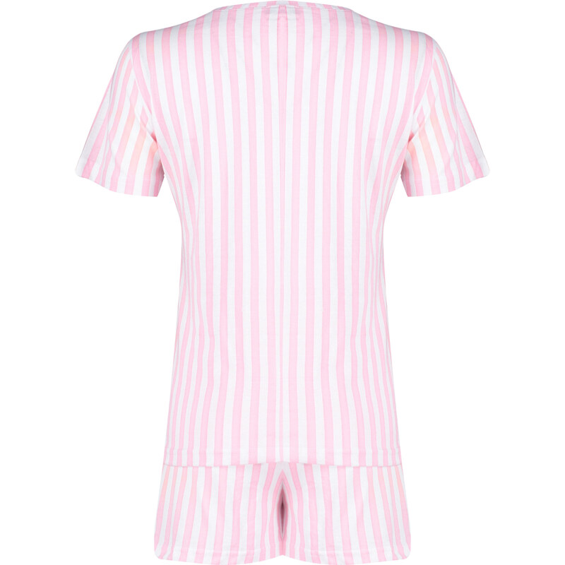 Trendyol Pink Cotton Motto Printed Striped Knitted Pajamas Set