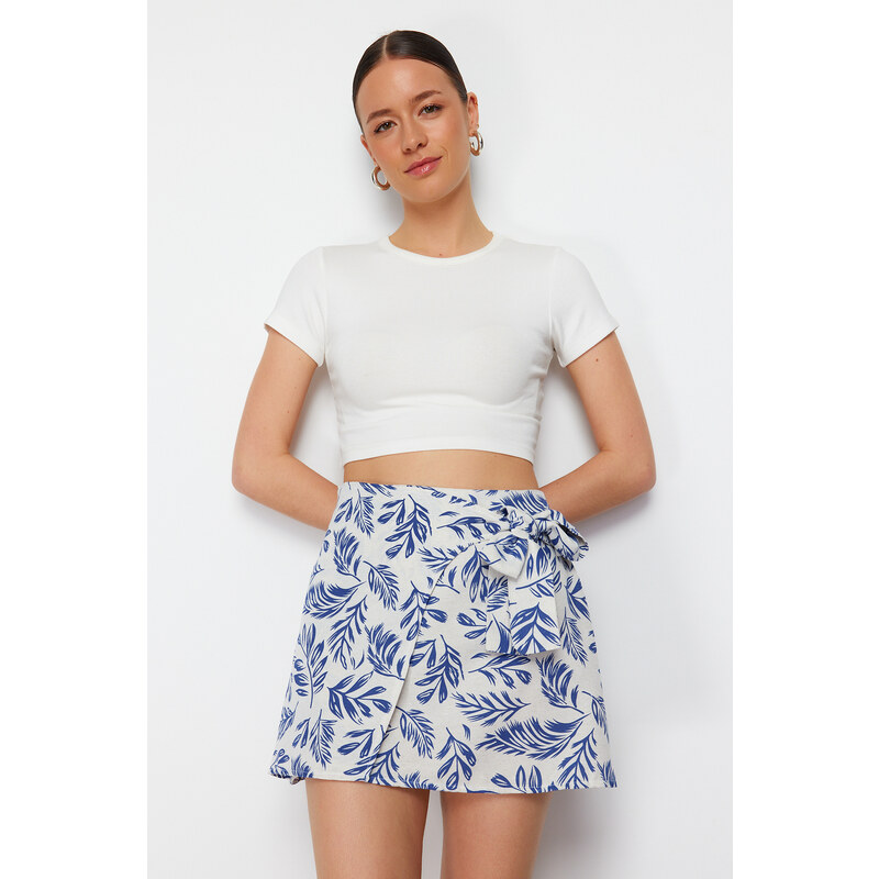 Trendyol Navy Blue Patterned Tie Detail Double Breasted Mini Length Woven Skirt