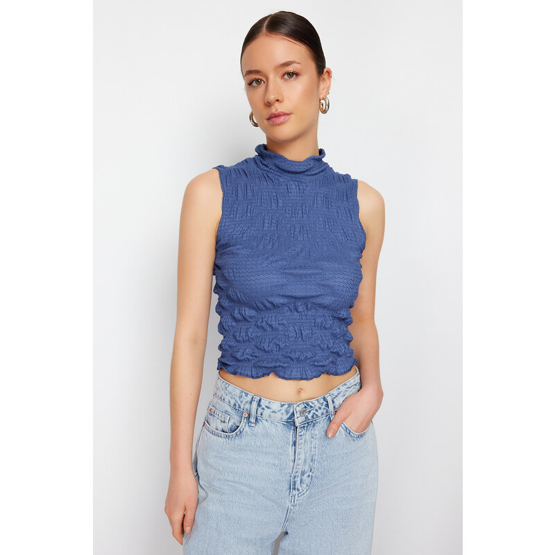 Trendyol Indigo Premium High Neck Fitted Crop Textured Stretch Knitted Blouse