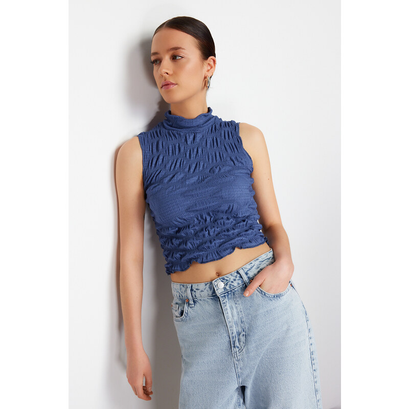 Trendyol Indigo Premium High Neck Fitted Crop Textured Stretch Knitted Blouse