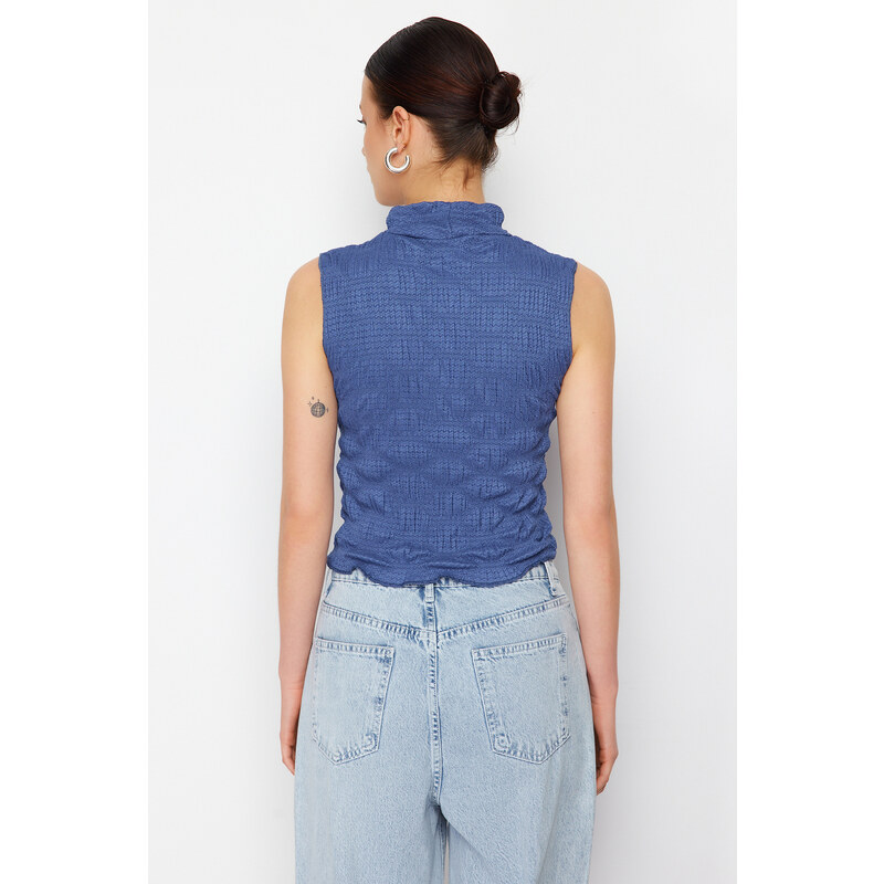 Trendyol Indigo Premium High Neck Fitted Crop Textured Stretch Knitted Blouse