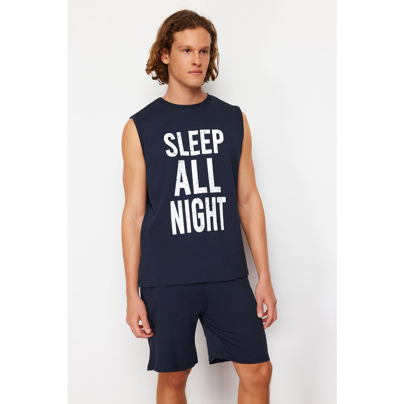 Trendyol Navy Blue Slogan Printed Regular Fit Pajama Set with Knitted Shorts