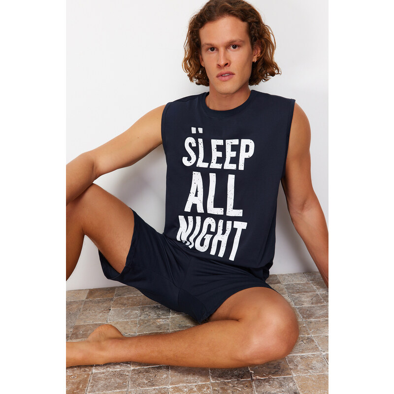 Trendyol Navy Blue Slogan Printed Regular Fit Pajama Set with Knitted Shorts