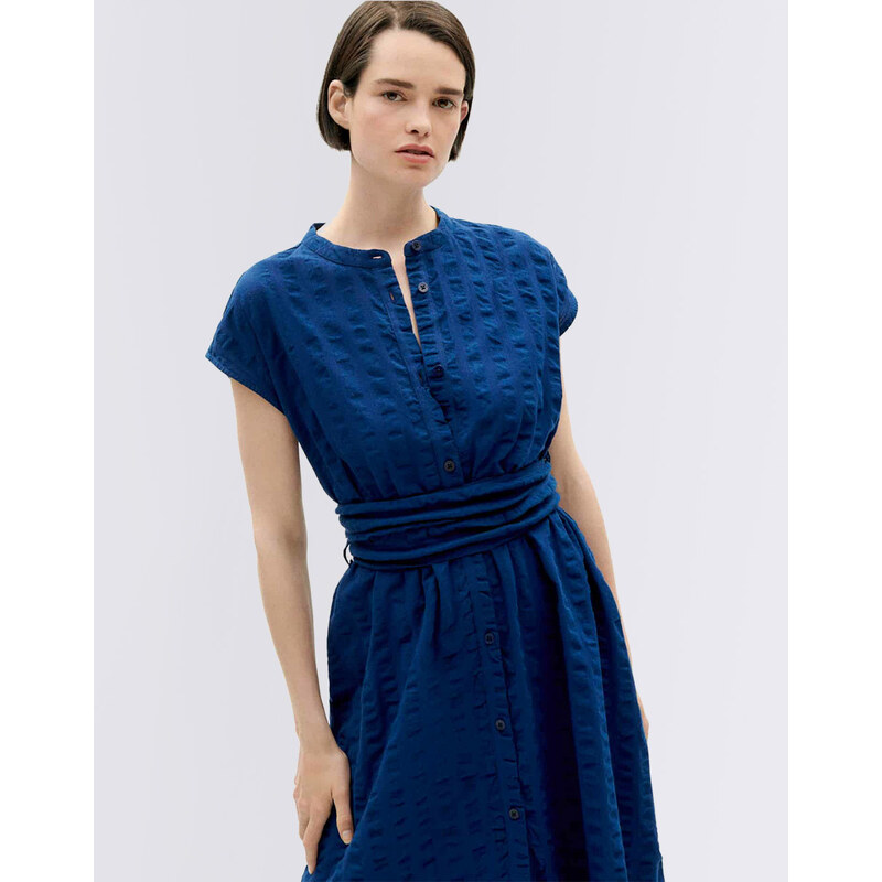 Thinking MU Navy Big Seersucker Gretel Dress NAVY