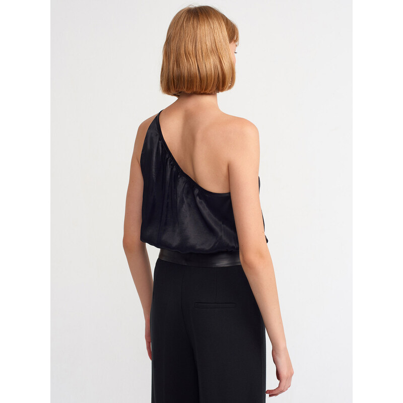 Dilvin 50244 Asymmetric Strap Satin Top-Black