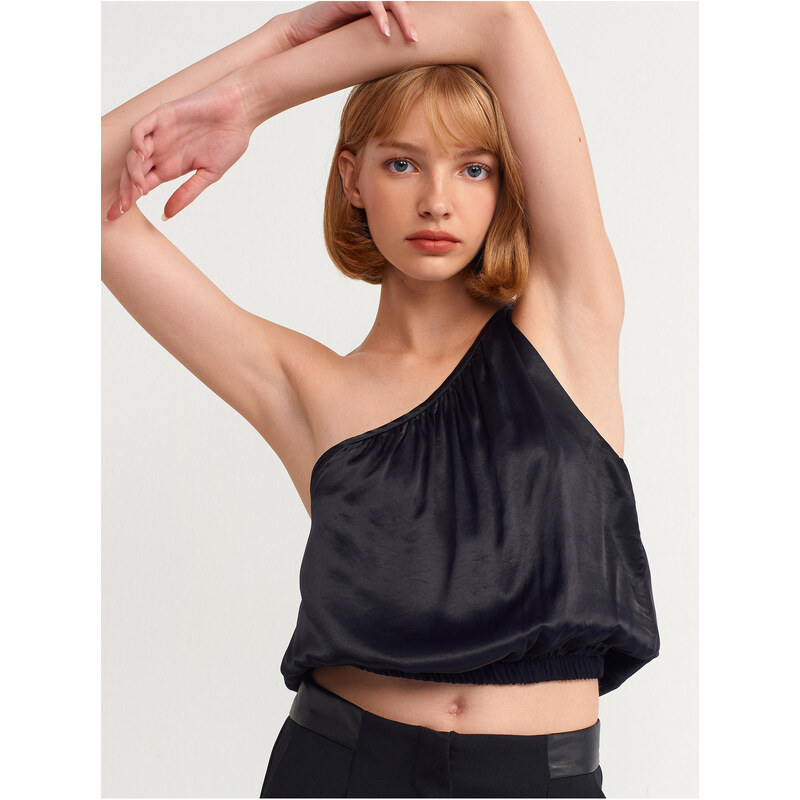 Dilvin 50244 Asymmetric Strap Satin Top-Black