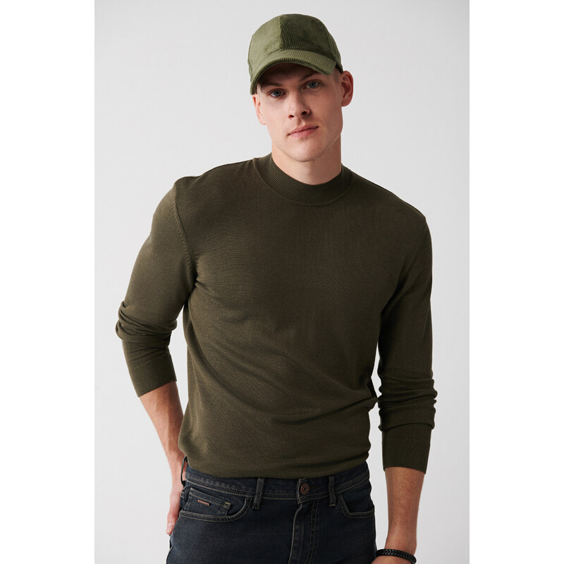 Avva Men's Khaki Knitwear Sweater High Crew Neck Viscose Regular Fit