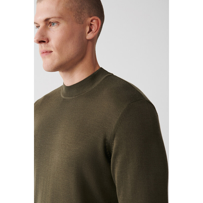 Avva Men's Khaki Knitwear Sweater High Crew Neck Viscose Regular Fit