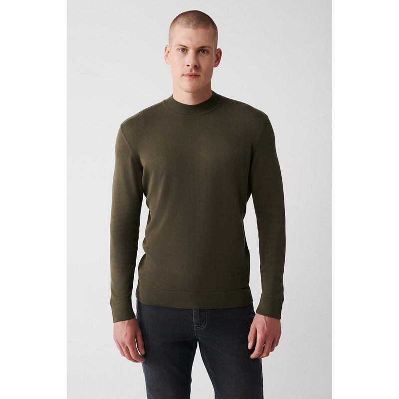 Avva Men's Khaki Knitwear Sweater High Crew Neck Viscose Regular Fit