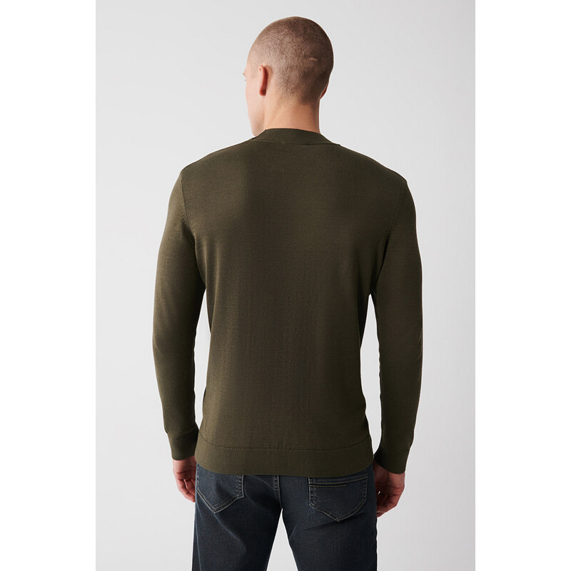 Avva Men's Khaki Knitwear Sweater High Crew Neck Viscose Regular Fit