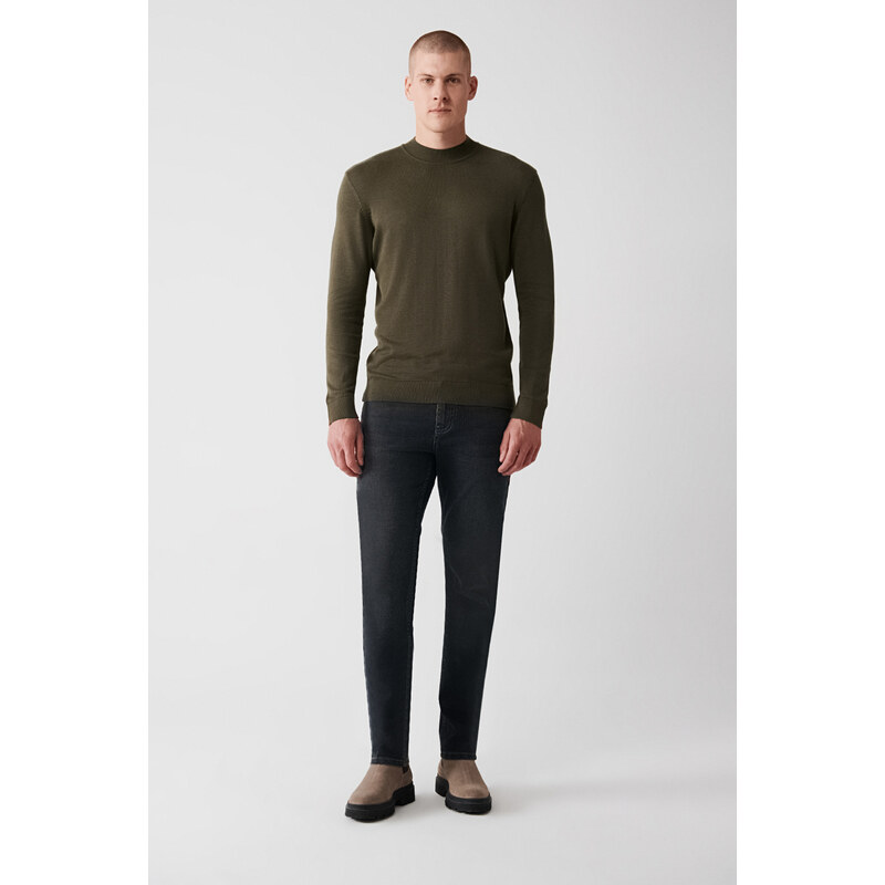 Avva Men's Khaki Knitwear Sweater High Crew Neck Viscose Regular Fit