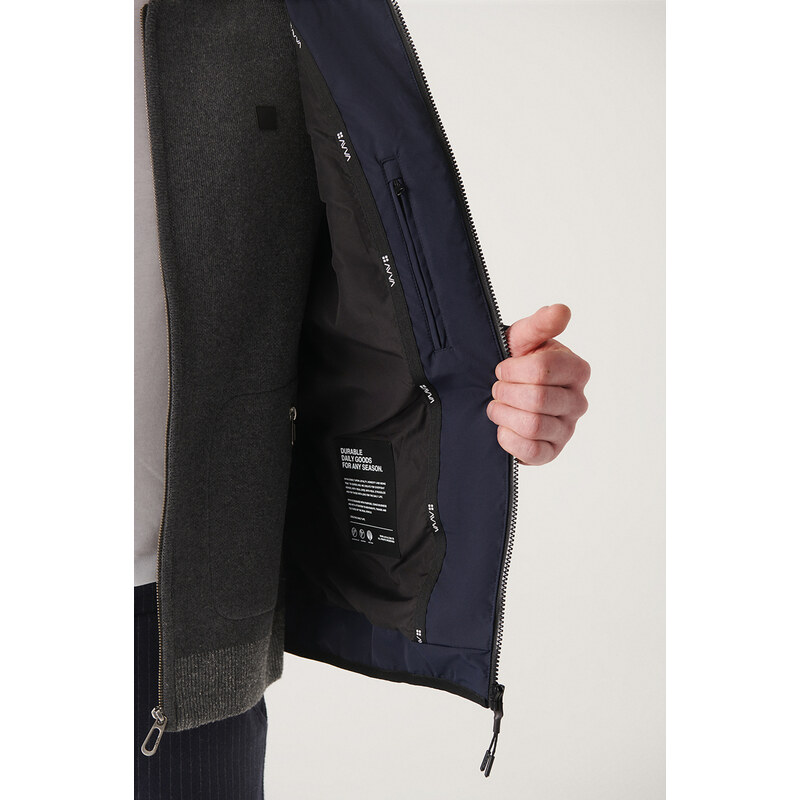 Avva Men's Navy Blue Water Repellent Windproof Inner Strap Detailed Thermometer Comfort Fit Comfort Fit Coat