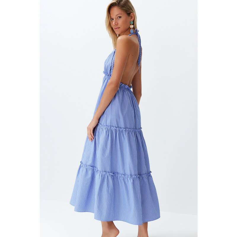 Trendyol Blue Striped Maxi Woven Ruffled Beach Dress