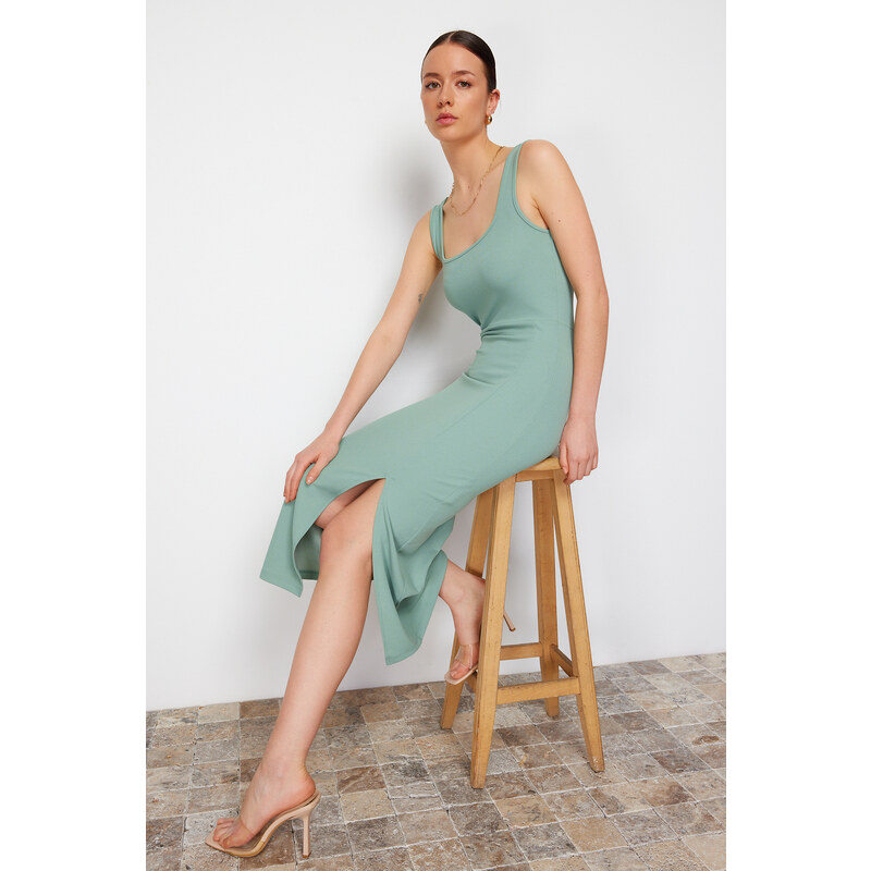 Trendyol Mint Fitted Square Neck Elastic Knitted Midi Dress With Slit