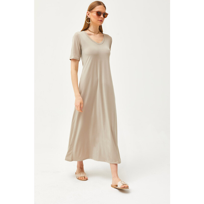 Olalook Women Stone V Neck Loose Maxi Dress 115740446