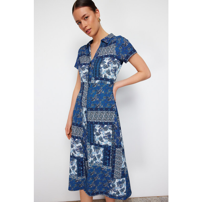 Trendyol Navy Blue Printed Polo Collar A-line/Bell Form Wrap/Textured Knitted Midi Dress