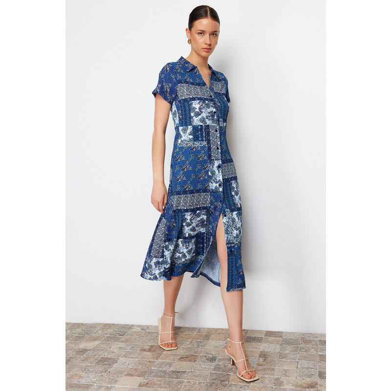 Trendyol Navy Blue Printed Polo Collar A-line/Bell Form Wrap/Textured Knitted Midi Dress