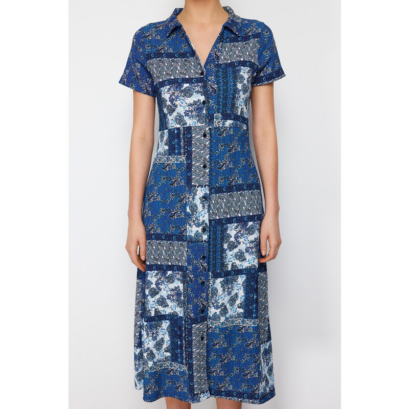 Trendyol Navy Blue Printed Polo Collar A-line/Bell Form Wrap/Textured Knitted Midi Dress