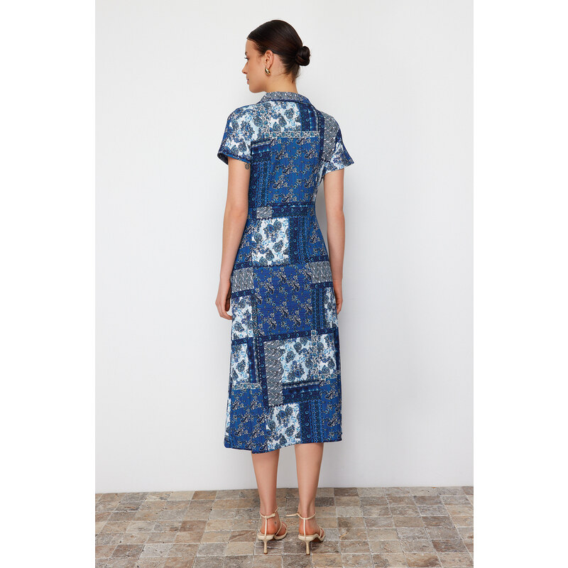 Trendyol Navy Blue Printed Polo Collar A-line/Bell Form Wrap/Textured Knitted Midi Dress